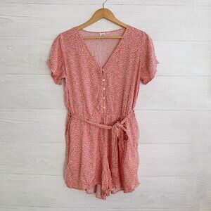 Gap - Pink floral v-neck button up romper sash pockets, L